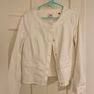 CAbi Castaway Collarless Fringe White Jean Jacket Medium